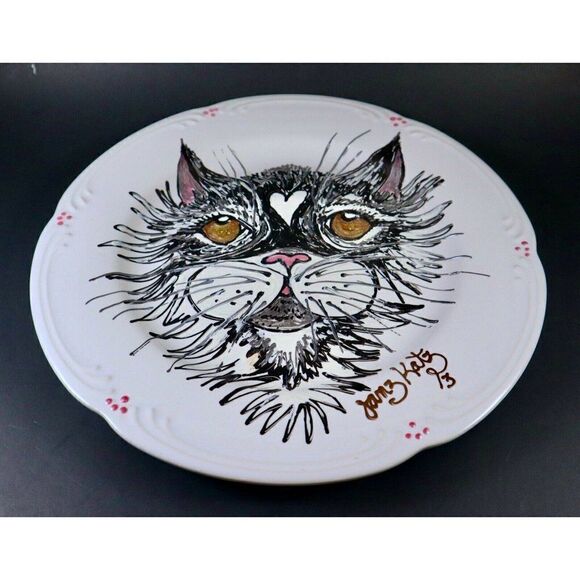 OOAK Artisan Hand Painted Cat Plate Signed Janz Katz 13 Kitten Heart Local Craft - Picture 2 of 6